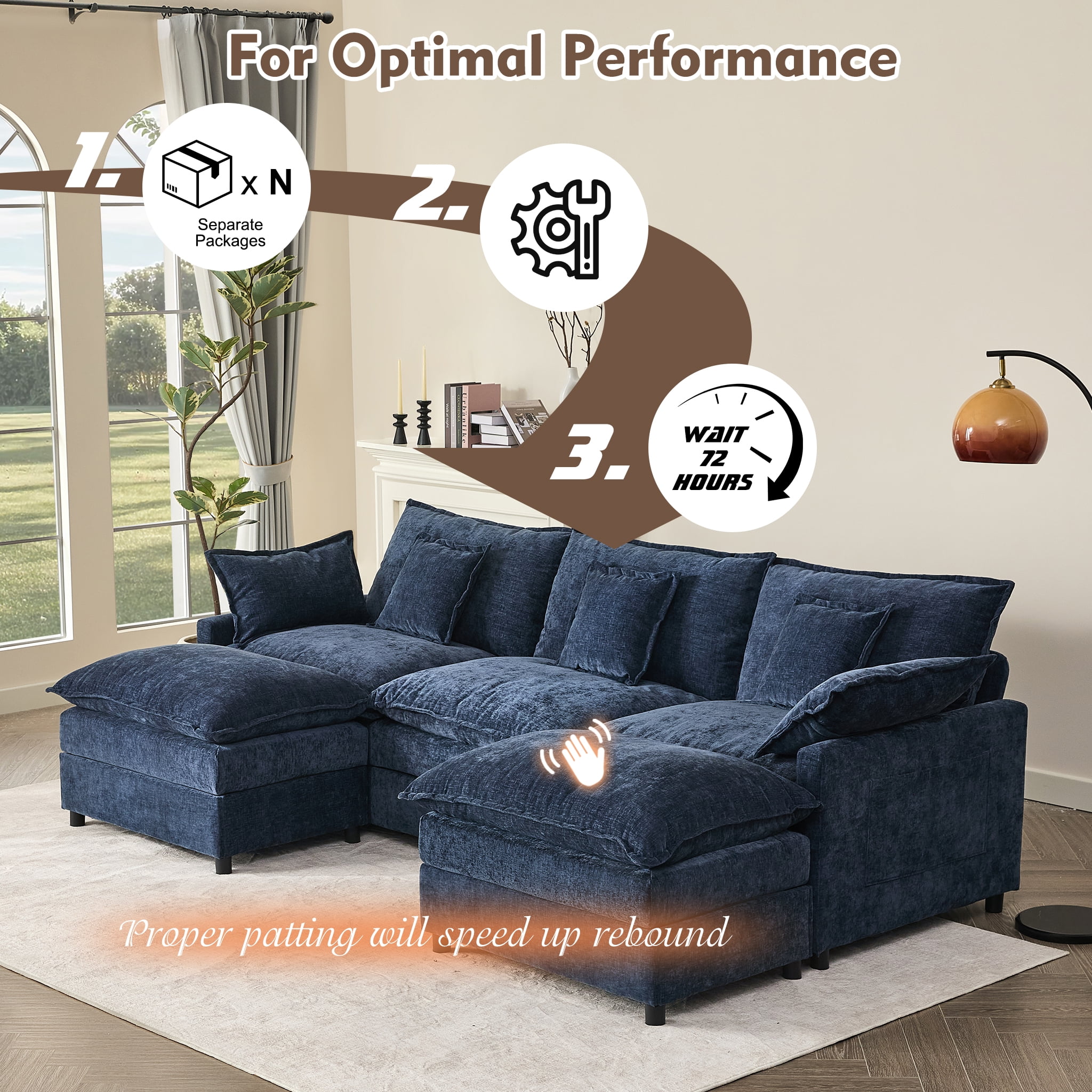 Bigsyy 3 - Seat Sectional Sofa Couch, Comfy Cloud Style, Deep Seat, Sleeper Function with Throw Pillows. Ideal for Adult - Occupied Living Rooms, Modern Design, Cozy Chenille, Navy