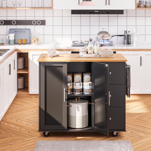 Walsunny Kitchen Island on Wheels with Storage Cabinet & 3 Drawer, 39.7" Width Rolling Kitchen Table, Cart Handle for Towel Rack or Free Mobility Black