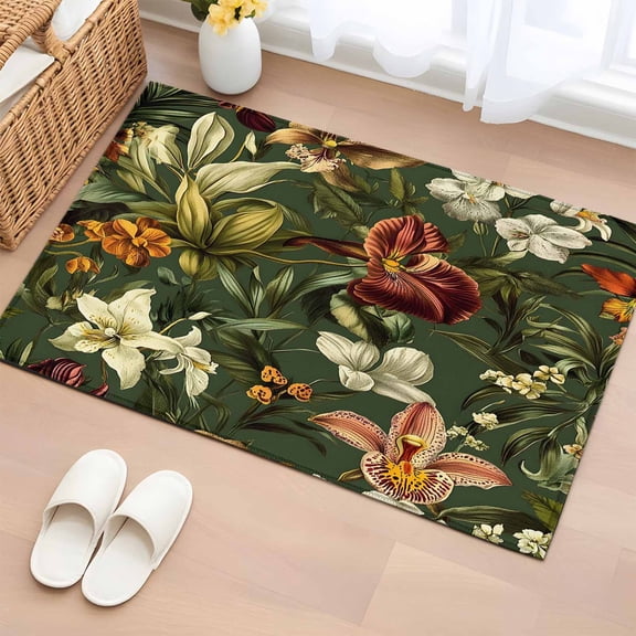 Tropical Botanical Bathroom Rug Washable 2x3 Entryway Rug Non Slip Summer Vintage Flowers Blooms Front Door Mat Low Pile Indoor Doormat Throw Floor Carpet for Kitchen Bedroom Entrance