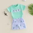 thumbnail image 4 of kpoplk Newborn Baby Boy & Toddler Boys Matching 2Pcs Clothes Set Cartoon Print Short Sleeve T-Shirts and Shorts Summer Gift(Blue,2-3 Y), 4 of 5