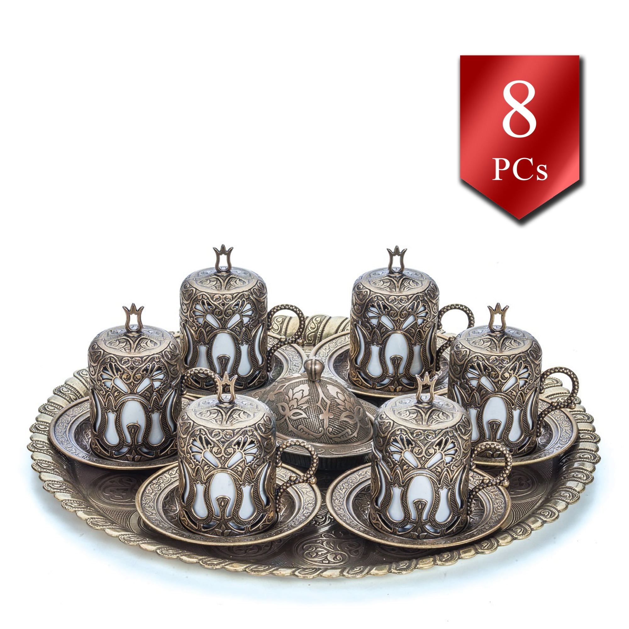BCS Amazing 9 Pieces Turkish Greek Arabic Coffee & Espresso Set Silver Color Cups and Coffee Pot in Authentic Claret Red Velvet Box Includes Turkish Coffee 