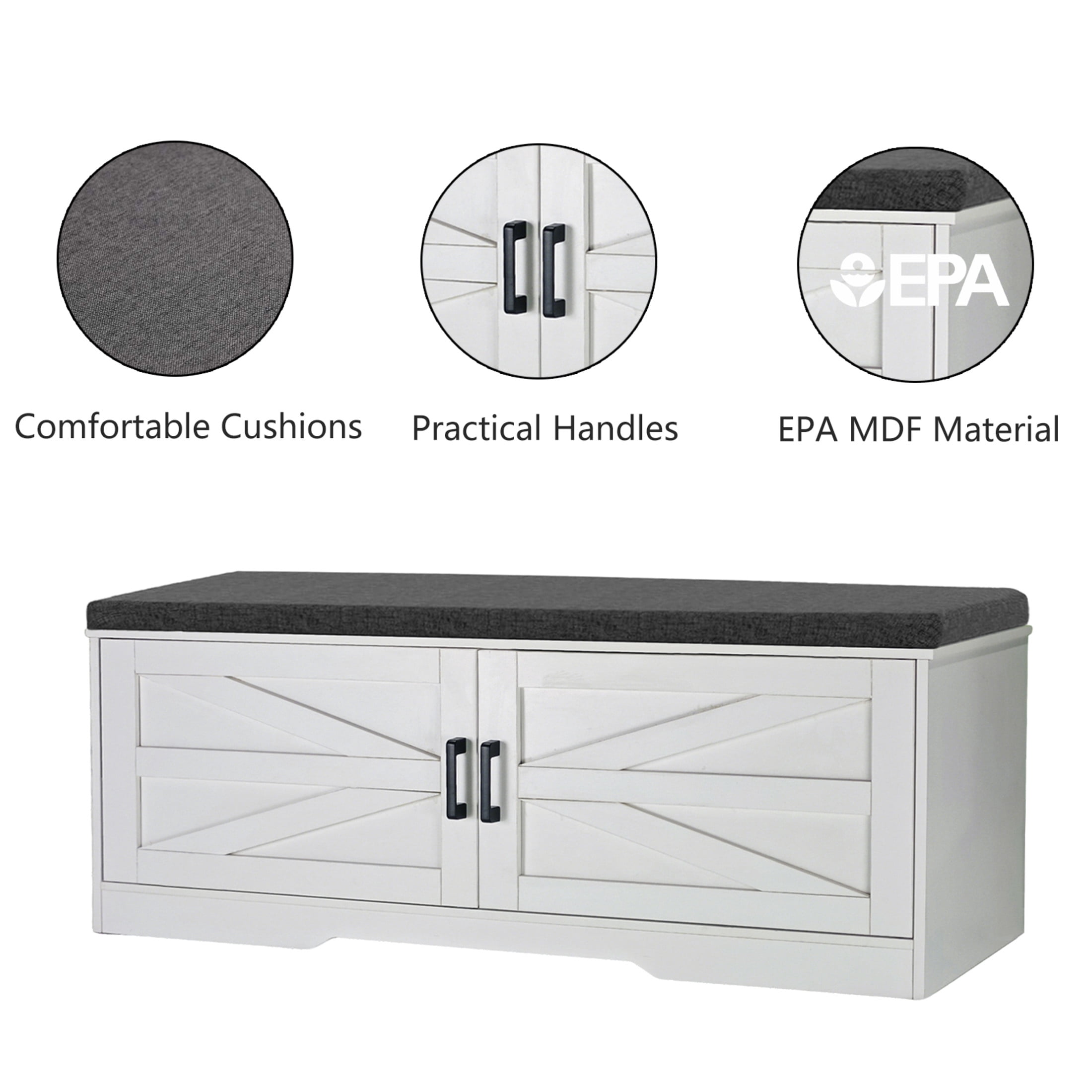 Noble House 2-Tier Storage Bench, Farmhouse Shoe Bench with Cushion, Barn Doors, for Entryway, Hallway, White