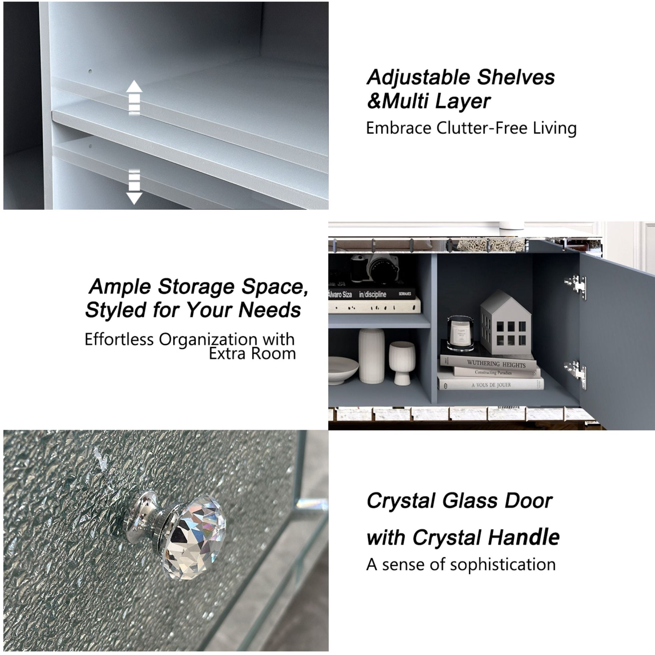 Noble House 60" Modern Mirrored TV Stand, Crushed Diamond Glass Doors Media Console with Adjustable Storage, Silver