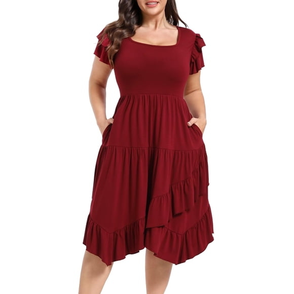 Vestido largo AZACHID para mujer, talla grande, cuello cuadrado, rojo vino