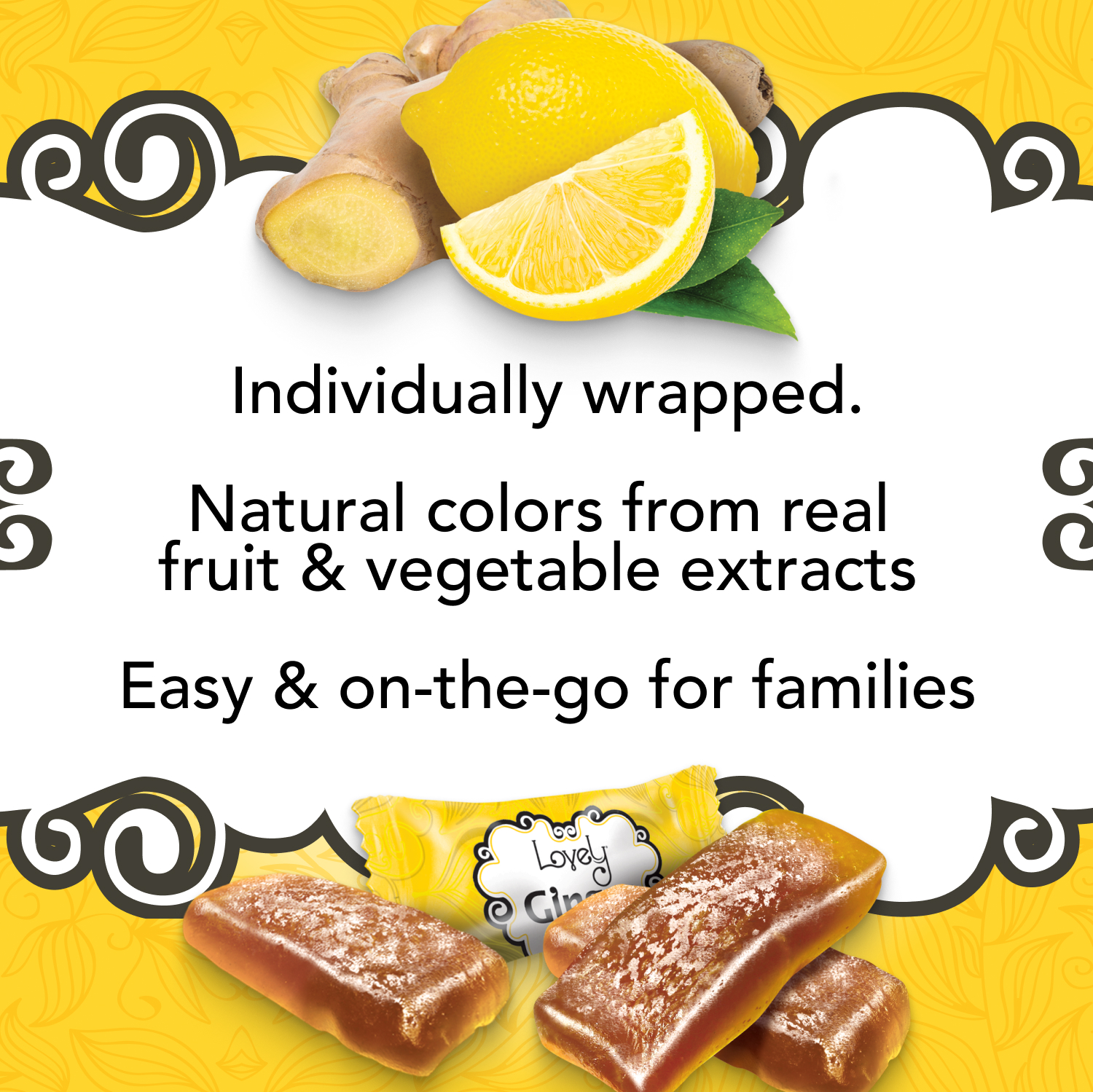 Lovely Candy Co. Lemon Ginger Chews, Made with Real Ginger, Individually Wrapped Ginger Candy, 5 Ounce (Pack of 3) | Gluten-Free, Non-GMO, NO Artificial Ingredients, NO High Fructose Corn Syrup