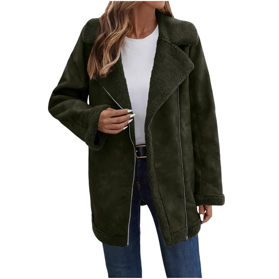 Yangnuo Womens Trendy Warm Lapel Suede Cotton Jacket 2025 Women Winter Solid Velvet Coat Long Sleeve Turn-down Collar Zipper Jacket Overcoat