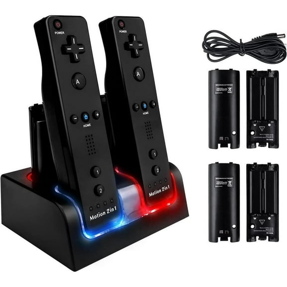 Upgraded Wii Remote Charger Station, 4 Port Wii Charging Station with 4 Rechargeable Battery for Wii (4 Port Charging Station 4 Replacement Batteries USB Cable)