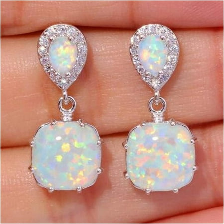 ATTOE Women Round Drop Earring Blue White Opal Earrings Silver
