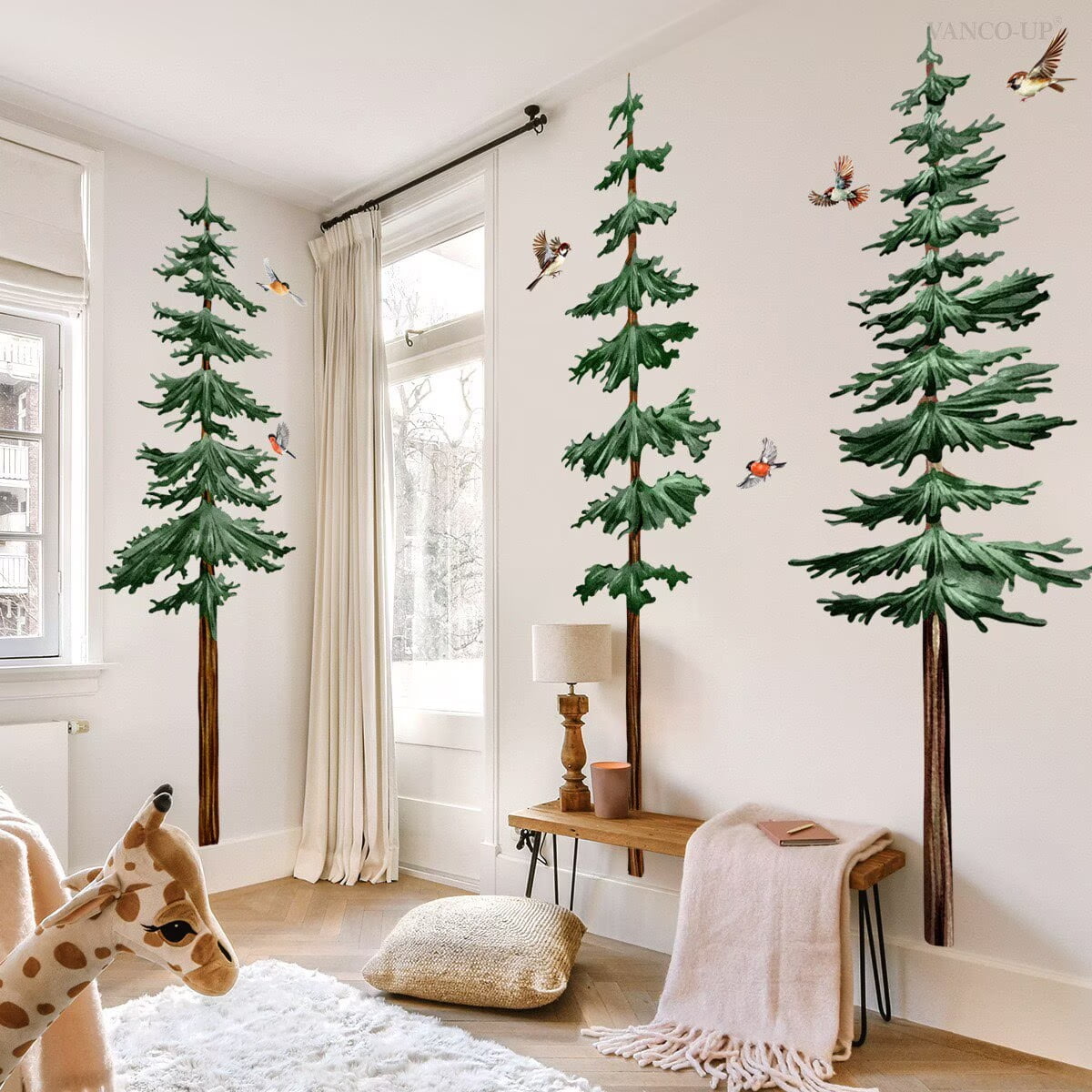 Large Pine Tree Wall Stickers Green Trees Wall Decals Peel and Stick Watercolor Birds Nature Giant Trees Decor Woodland Forest Sticker Green Tree Stickers for Living Room Bedroom Home Decor