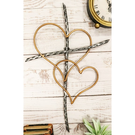 Ebros Metal Silver Rope Wire Sticks & 2 Golden Hearts Of Love Wall Hanging Cross