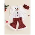 thumbnail image 3 of Suealasg Little Girls Christmas Clothes 1T 2T 3T 4T 5T 6T Kids Girls Long Sleeve Snowman Shirt Plaid Flared Pants Headband Set 3Pcs Christmas Holiday-themed Gifts for Children Girls, 3 of 8