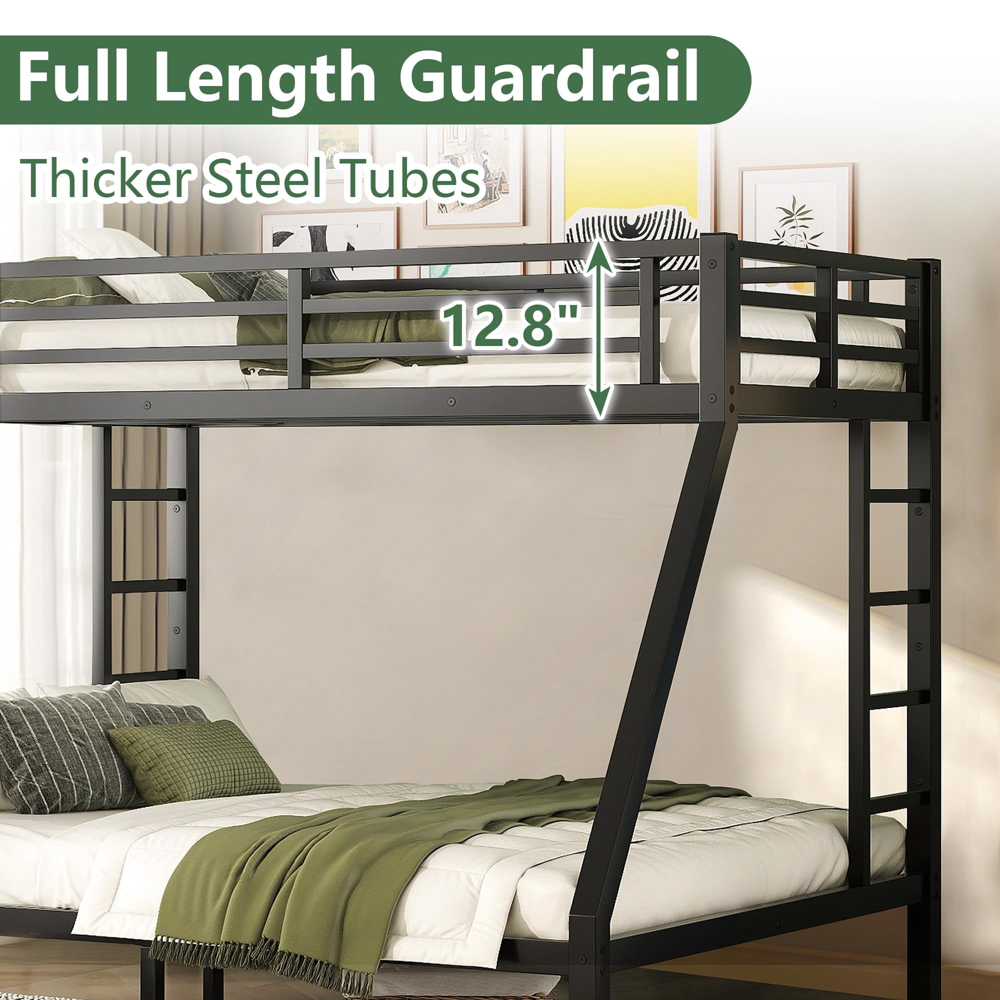 Miniyam Twin XL Over Queen Metal Bunk Bed with Guardrail and Ladders, Space-Saving Frame, White