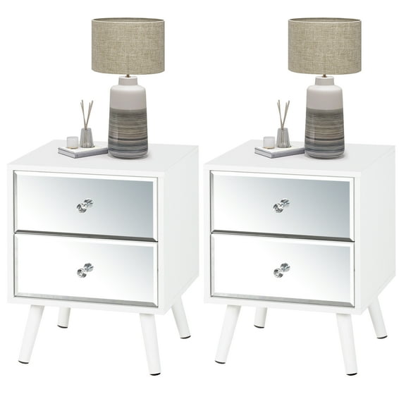 LAZZO Mirrored Nightstand Set of 2, White