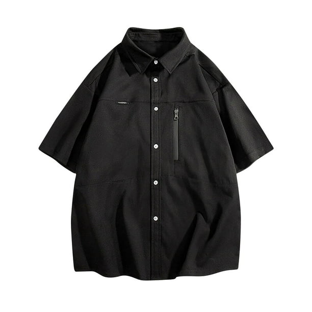 Playeras Elvqul para Hombre Casual Negro Manga Larga Liso con Solapa Botones