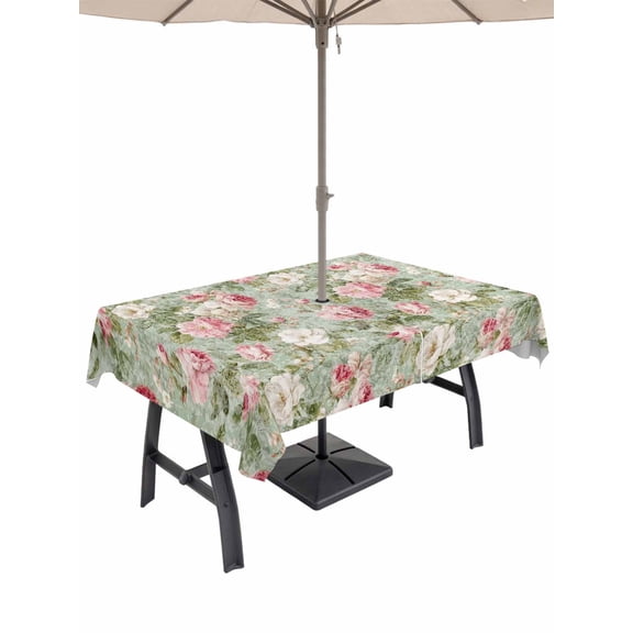 Outdoor Tablecloths with Umbrella Hole & Zipper, White Pink Flower Rectangle Tablecloth 52x70 Inch, Shabby Chic Spring Vintage Leaf Green Waterproof Table Cloth, Patio/Pool/Picnic Table Covers
