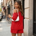 thumbnail image 5 of 2 Piece Sets for Women Summer Off the Shoulder T Shirt Casual Shorts Matching Comfy Lounge Sets Airport Travel Outfit,Red,XL, 5 of 8