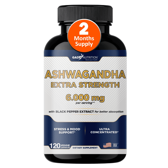 Gade Nutrition Ashwagandha Supplements - Extra Strength 6000mg, Stress Relief Formula, Natural Mood, Focus, Energy & Immune Support  - Herbal Supplement, 120 Veggie Cap