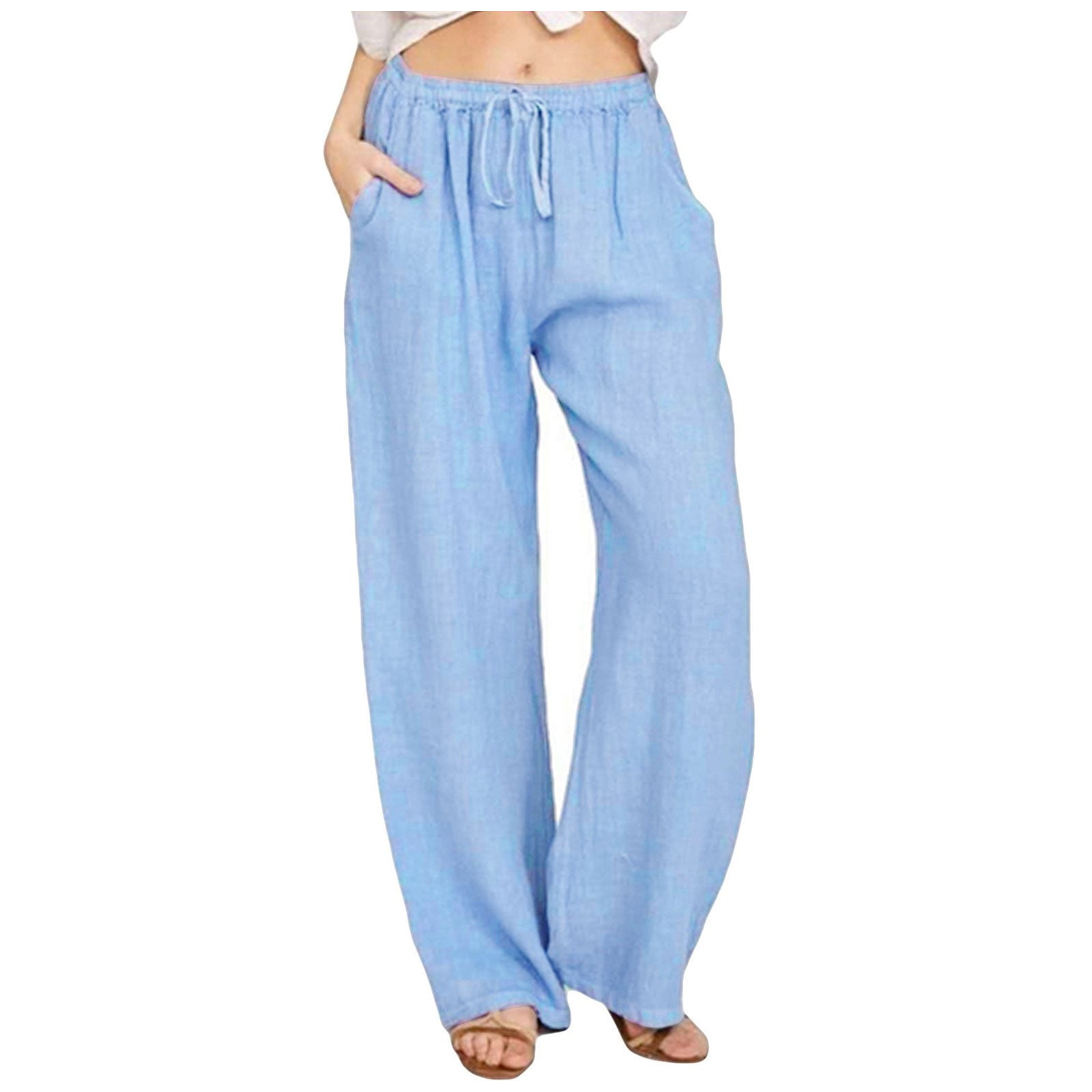 ZXHACSJ Women's Casual Solid Cotton Linen Elastic Waist Drawstring Wide Leg  Long Pants Light blue M