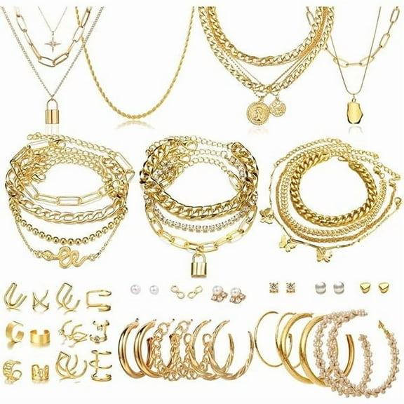 ZLC60 PCS Gold Jewelry Set with Multi-Layered Bracelet Necklace, Dangle Earrings, Stackable Ring For Women Valentine Anniversary Jewelry Pack Gifts For Her