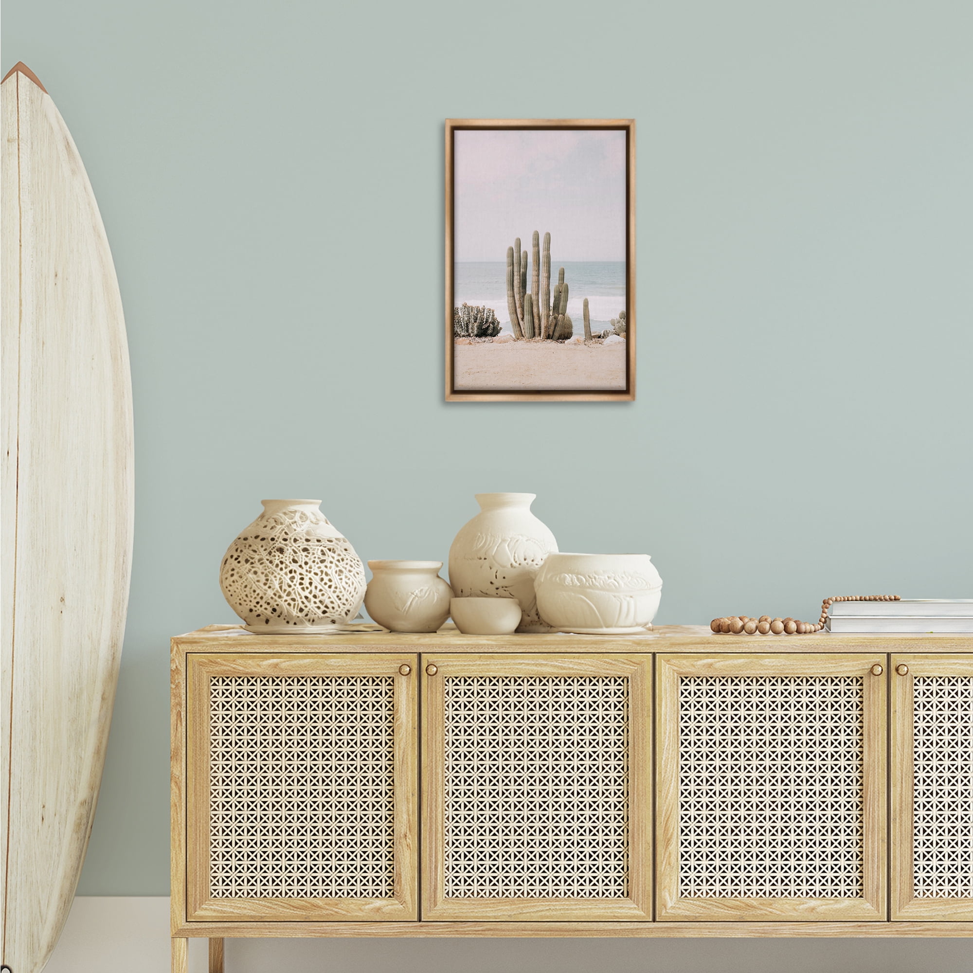 Stupell Industries Cactus on Beach Shore Landscape & Nature Photography Brown Floater Framed Canvas Art Print Wall Art, 17 x 25