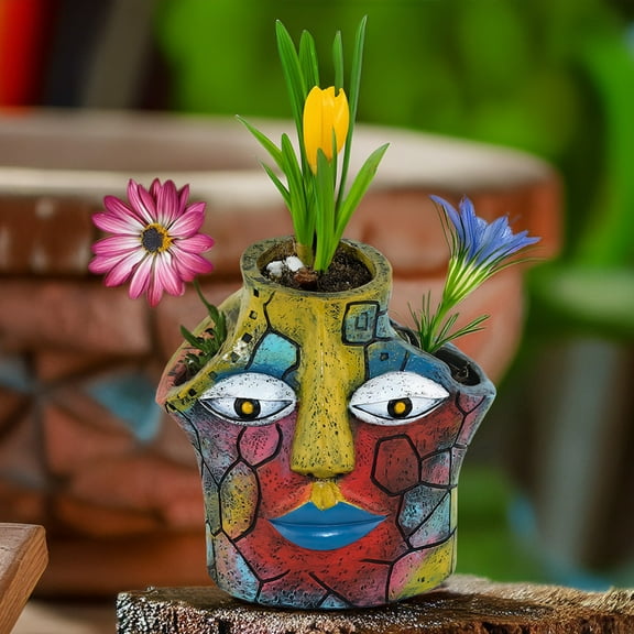 Funny Cute Plant Pot, Unique Face Abstract Color Flower Pot with 3 Hole, Colorful Pretty Face Resin Flower Pot for Indoor Outdoor
