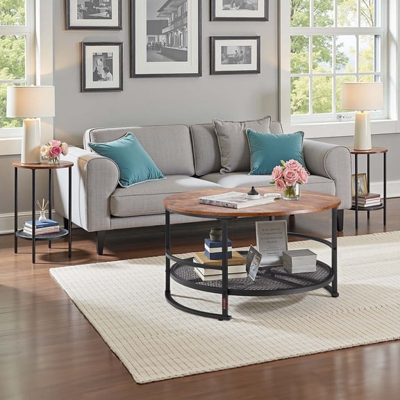 3-Piece Round Coffee Table Set, 31.5 Inch Industrial Nesting Tables with Metal Legs, Easy Assembly Living Room & Office Table Set (Coffee Table   2 Side Tables)