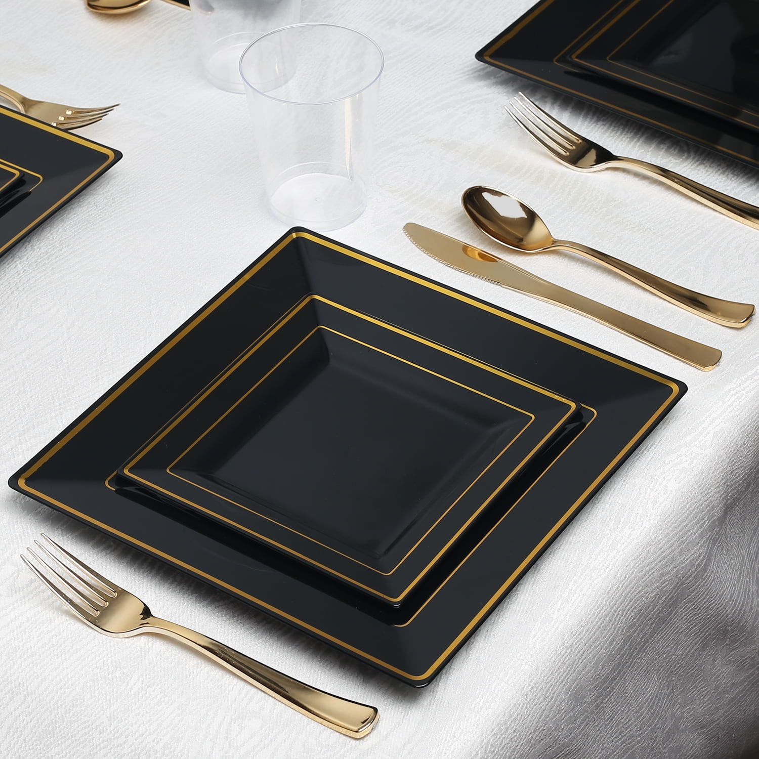 Kaya Collection Square Black and Gold Disposable Plastic Dinnerware