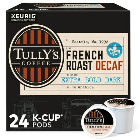 Tully's Coffee Decaf French Roast K-Cup Pods, Dark Roast, 24 Count for Keurig Brewers