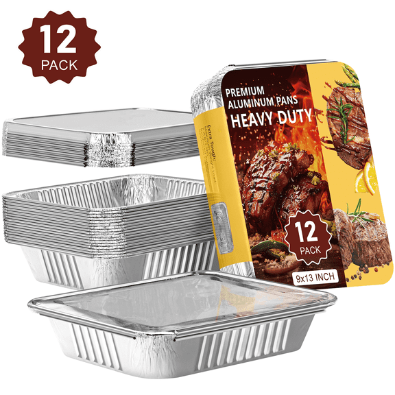 GPED 9x13 Aluminum Foil Pans, 12 pcs Disposable Foil Pans Set With Lids, Half Steam Loaf Deep Tin Foil for Baking, Cooking, Heating, Storing and Food Prepping, Disposable Table Pans