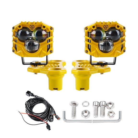 2-Pack 2.5inch Three-Eye 30W Spotlight 5400LM with JL A-Pillar Windshield Hinge Mounting Brackets Wiring Harness Kit, for Wrangler JL/JLU 2018-2023 Gladiator JT 2020-2023 (Yellow)