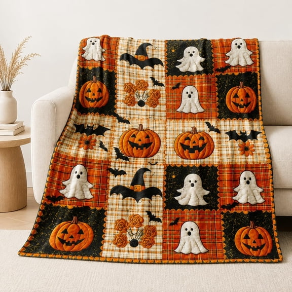 Vintage Halloween Patchwork Throw Blanket, Soft Flannel Plaid with Pumpkins Ghosts Bats, Cozy Fall Decor Gift for Home