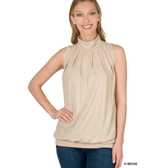 Zenana Women & Plus Sleeveless Mock-TurtleNeck Pleated Top with Waistband