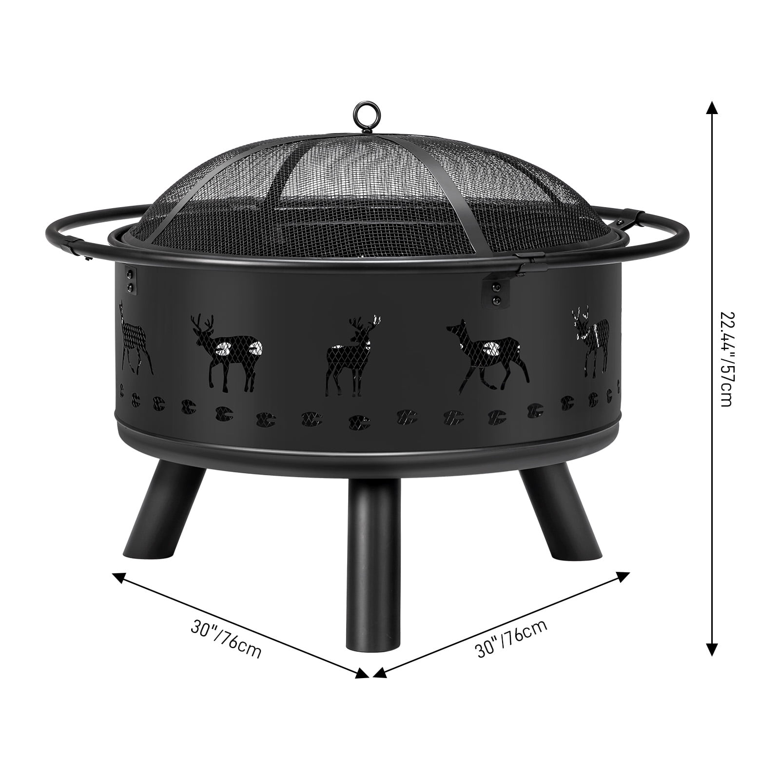 30 Inch Round Outdoor Wood Burning Fire Pit, Heavy Duty Wrought Iron Firepit with Hinged Spark Screen Lid & Lift Ring, Decorative Elk Cutout Patio Fire Pit for Backyard, Garden, Lawn and Camping