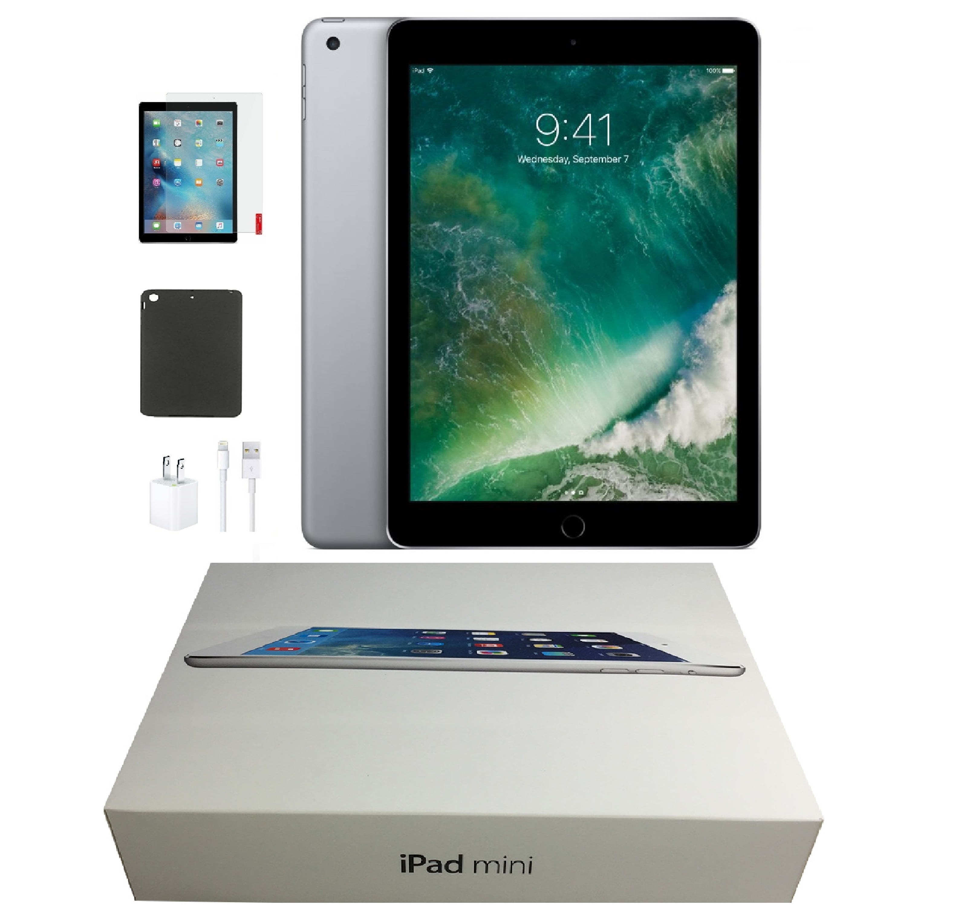Apple iPad Mini 2 16 GB Space Gray Wi-Fi Only Bundle: Tempered Glass, Case,  and Charger Open Box