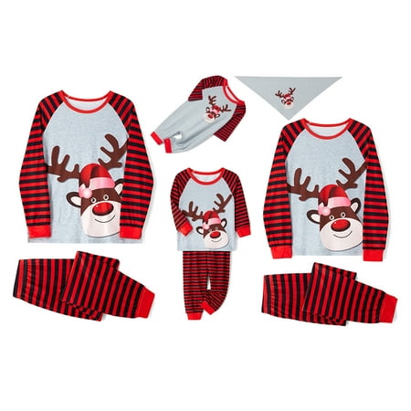 

Multitrust Parent-Child Pajama Set Christmas Cartoon Elk Print Tops + Striped Pants Family Clothing Set