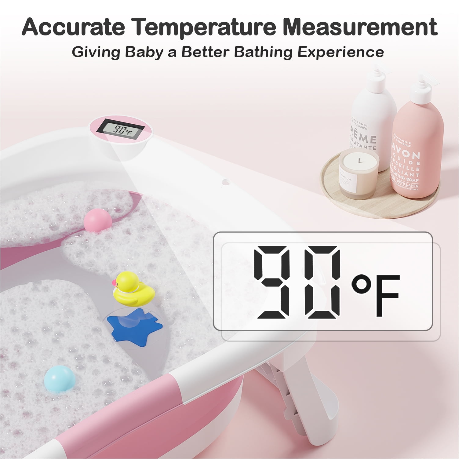 Aprpink Foldable Baby Bathtub PP+TPE with Soft Bath Net&Thermometer for 0-36 Months Toddler Dark Pink