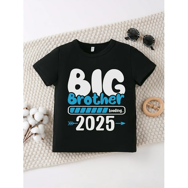 Boys' T-Shirt Progress Bar, Pattern Print, And Big Brother Letter Print Casual Soft Round Neck Short Sleeved Top