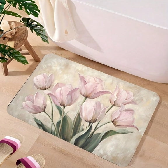HELLOYOUNG Tulip Diatomaceous Earth Bath Mat Super Absorbent Quick-Dry Non-Slip Rug, Fast-Drying Stone Floor Mat for Bathroom Kitchen Entryway, Pink