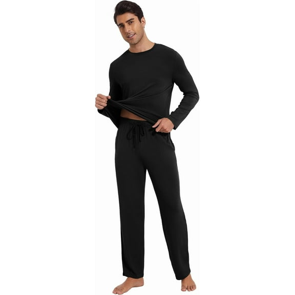 WiWi Men's Viscose from Bamboo Pajamas Set Lightweight Sleepwear Long-Sleeved Crewneck Sleep Shirt and Long Pants S-XXL,Black,X-Large