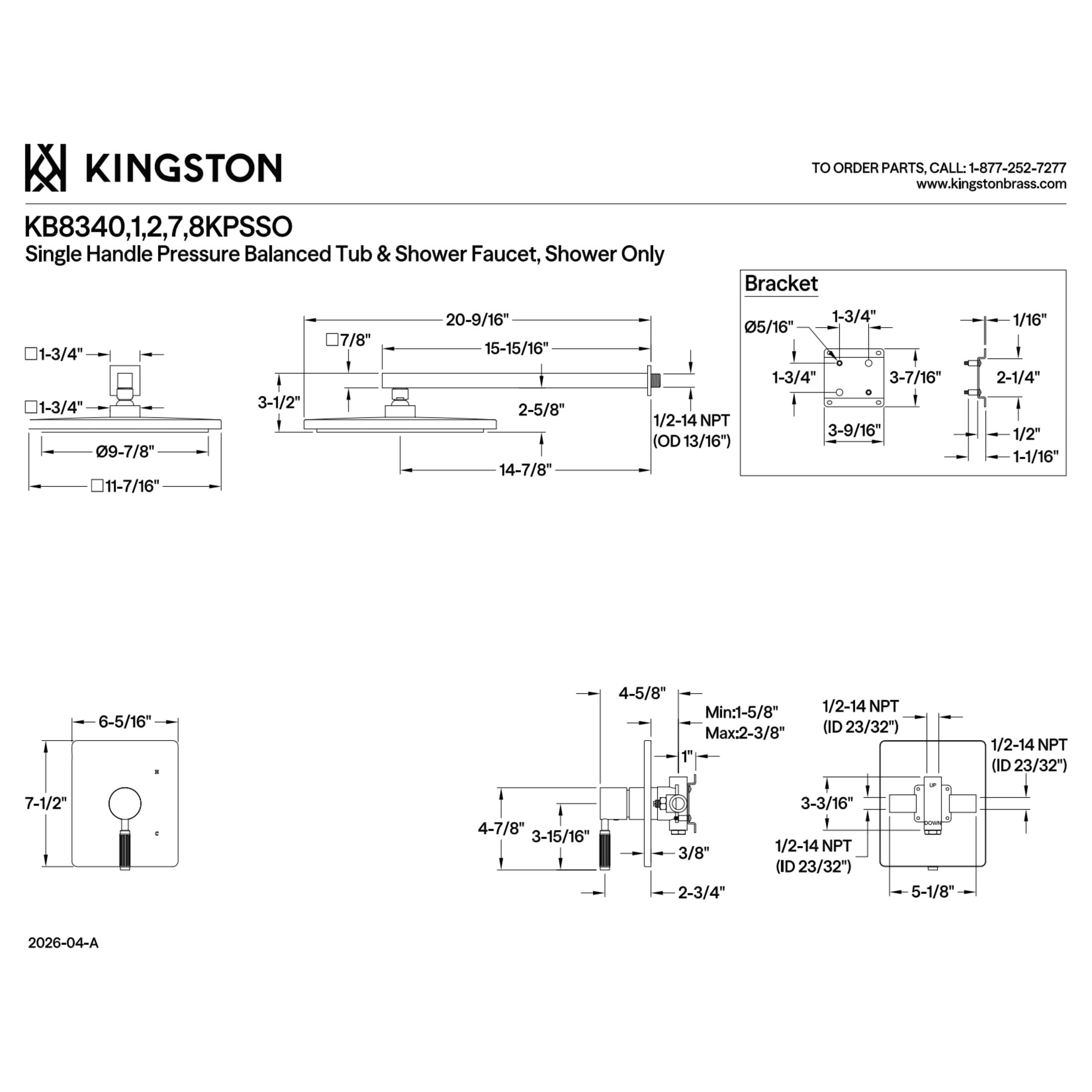 Kingston Brass KB8342KPSSO Verona Single-Handle Pressure Balanced Shower Faucet, Polished Brass