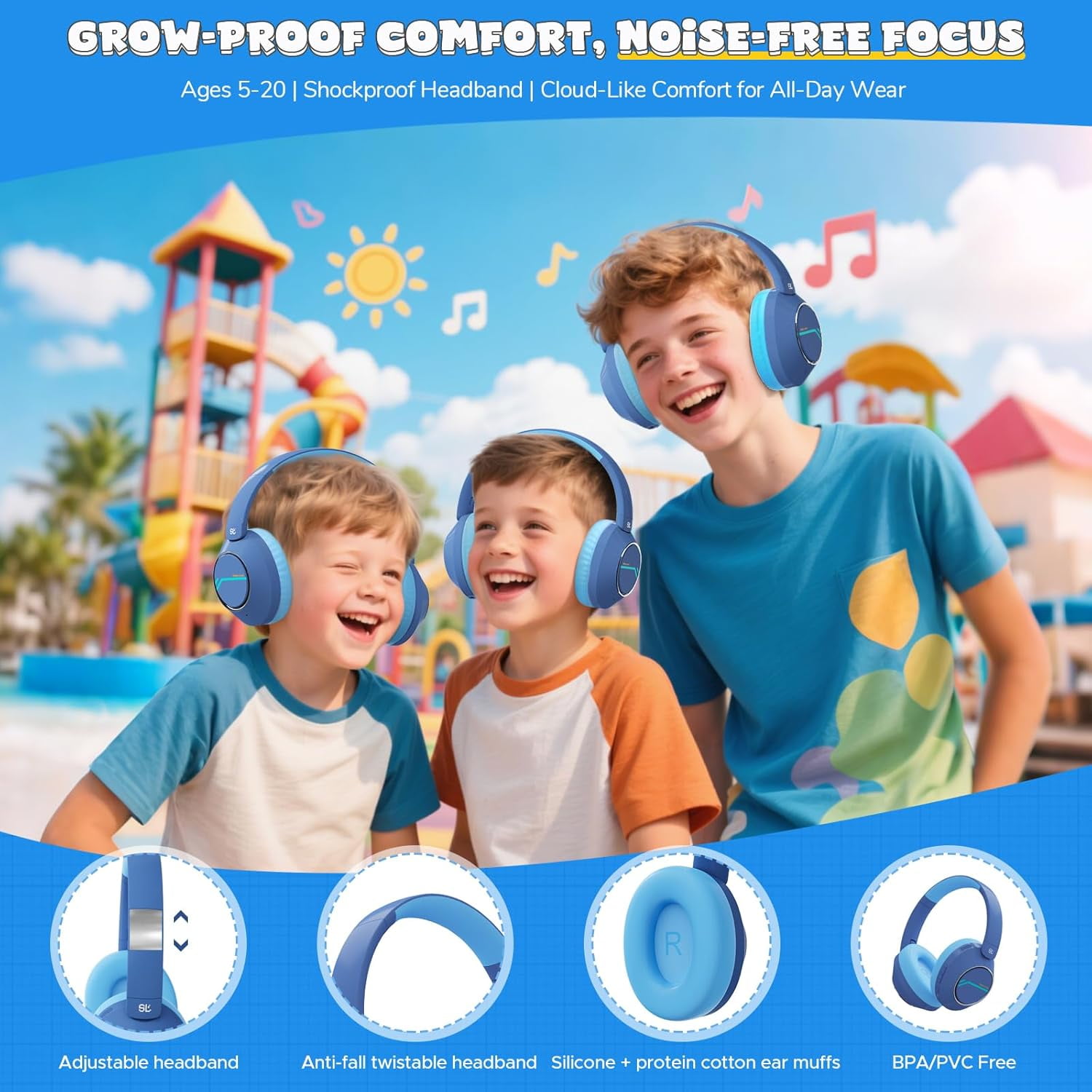 Nova1Pro Kids Wireless Active Noise Cancelling Headphones, Bluetooth 5.4, 40H Playtime, Volume Limited 75/85/94dB, Type-C Fast Charging, Mic, Foldable for School/Travel/Airplane, Blue