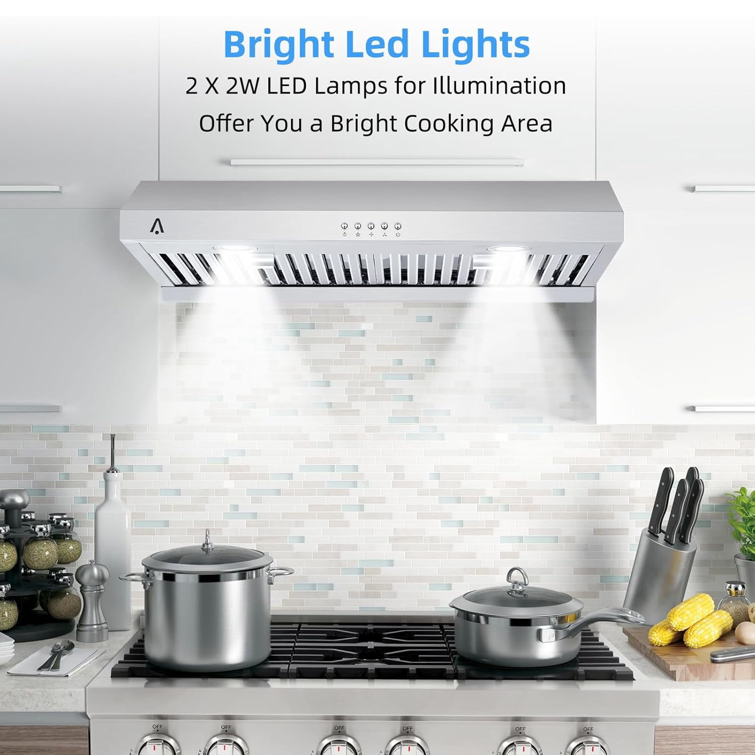 Aoile 30" Range Hood Under Cabinet with Baffle Filters, 400 CFM Kitchen Exhaust Hood w/3 Speed, LED Lights, Button Control, 110V, Silver
