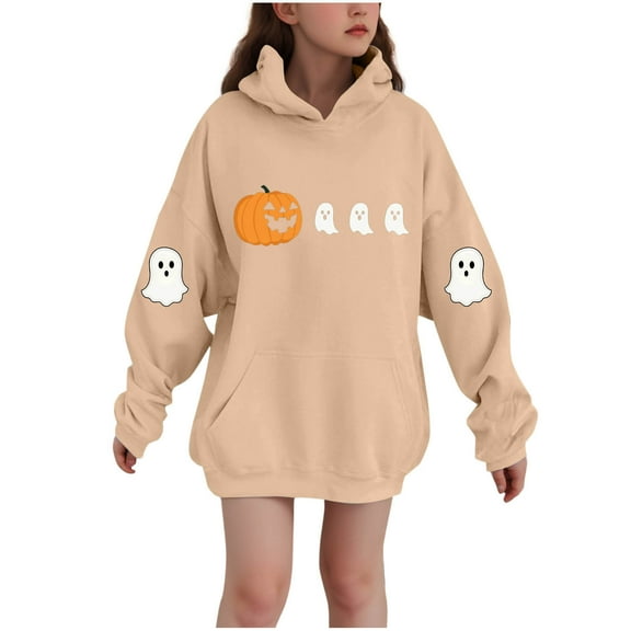 nerohusy Teen Girls Cotton Cute Hoodies Halloween Pumpkin Ghost Graphic Pullover Sweatshirts Tween Kids Oversized Soft Hoodie Tops Khaki,7-8Years