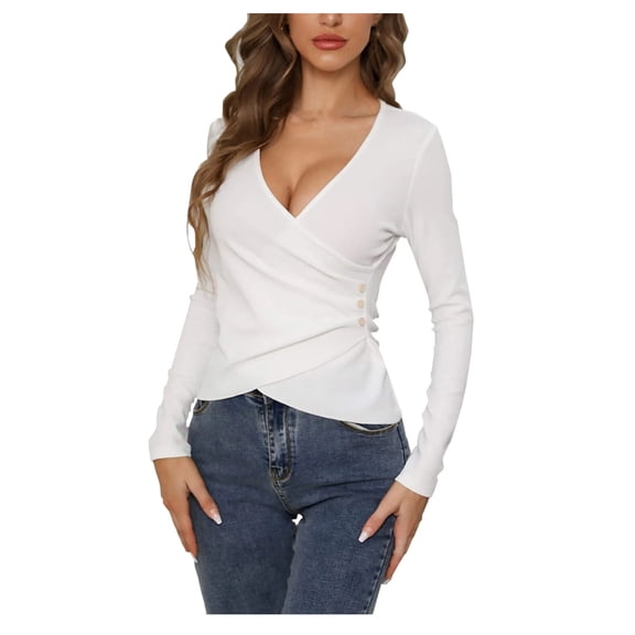 Hfyihgf Women's Long Sleeve Sweaters Wrap V Neck Pullover Ribbed Knit Slim Fitted Shirts Button Side Decor Asymmetrical Tops(White,L)