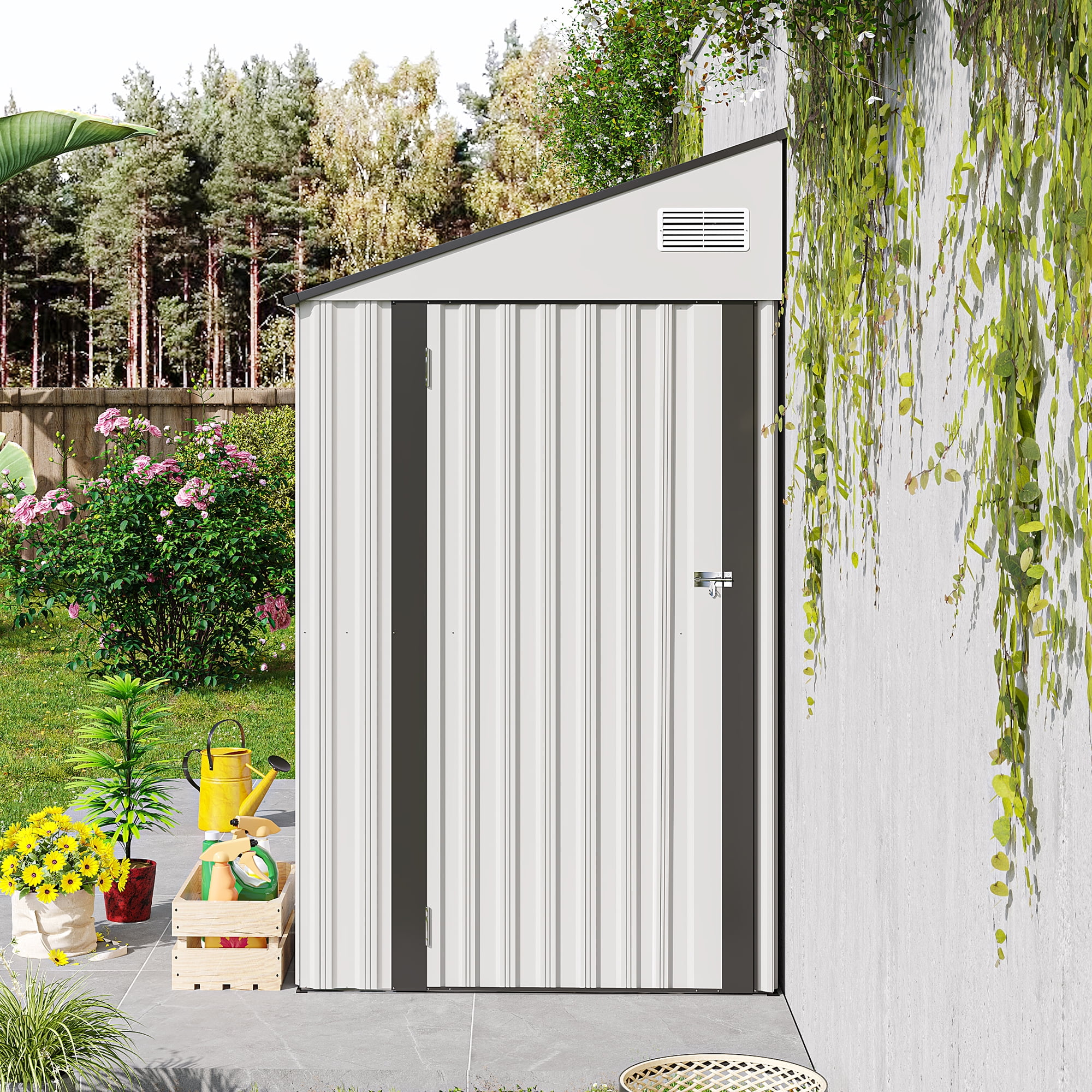 4x8 FT Outdoor Storage Shed Side, Metal Garden Shed with Lockable Hinged Door, Lean to Shed with 6 Air Vents, Outside Tool Shed with Sloped Roof, Waterproof Storage Building for Backyard, Patio