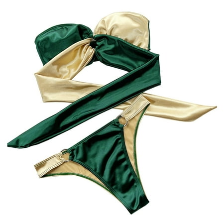 

NEGJ Womens Self Tie Knot Strapless Bandeau High Cut High Leg Bikini Swimsuit Swimwear Sports Bra And Shorts Set
