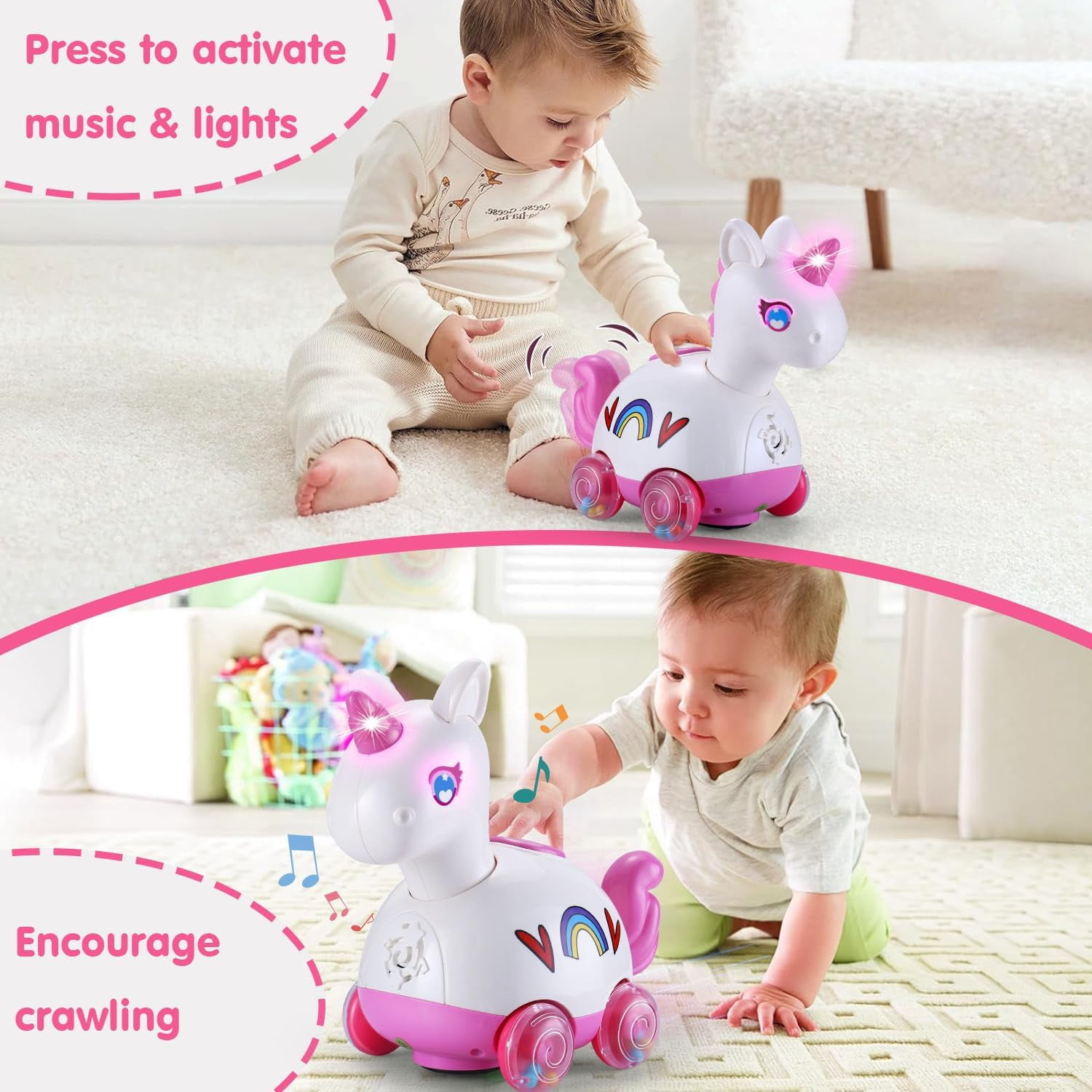 Baby Toys 6-12 Months, Tummy Time Musical Light Up Crawling Infant Toys 3 4 5 6 7 8 9 10 11 12 18 Month Easter 1st Birthday Baby Girl Gift Toddler Learning Activity Pink