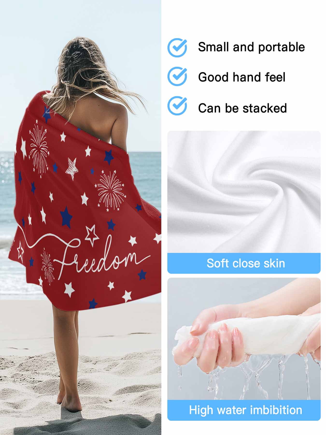 Patriotic 4th of July Beach Towels Blanket Soft & Absorbent Quick Dry Microfiber Red White Blue Stars Freedom Pool Towels for Swimming ,Yoga, Sports, Gym, Camping,Large 30X60in, Memorial Day Summer