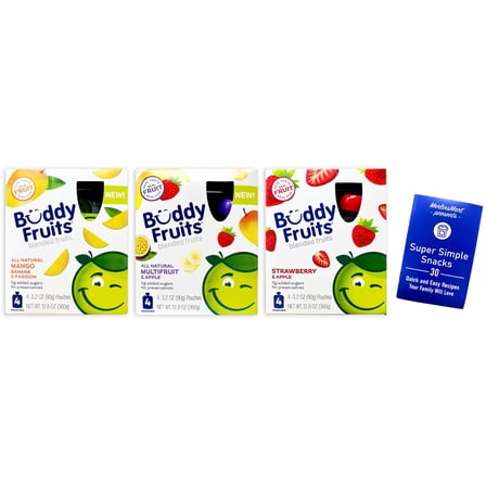 Buddy Fruits Blended Fruit Pouches - 3 Flavors - 1  Each: Mango Banana, Strawberry Apple, Multifruit and Apple (12.8 oz)   MerlinsMart Zine