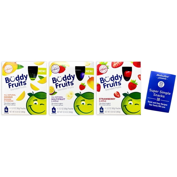 Buddy Fruits Blended Fruit Pouches - 3 Flavors - 1  Each: Mango Banana, Strawberry Apple, Multifruit and Apple (12.8 oz)   MerlinsMart Zine